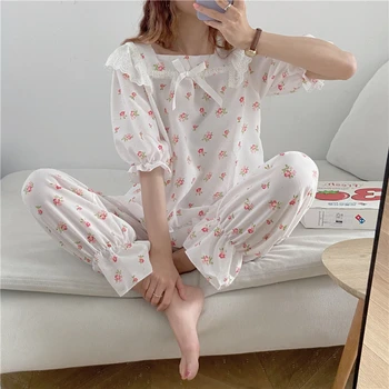 Çiçek Baskı Dantel Yaz Pijama Seti Kadın Kore Kawaii Ev Takım Elbise Pijama Pamuk Tatlı Gevşek Yumuşak Ev Giysileri Bayan