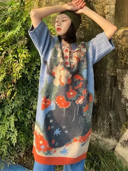 Çiçek Desen Vintage Kazak Tanrıça Fan Rahat Örme 2023 Sonbahar Azınlık Zarif Patchwork Elbise