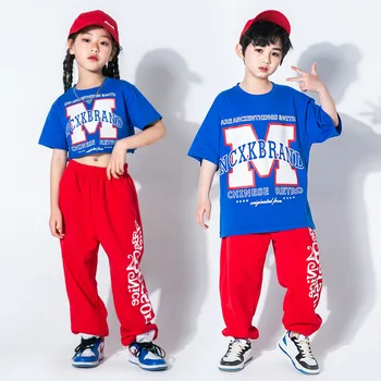 Çocuk Hip Hop Giyim Mavi Büyük Boy T Shirt Kırpma Üst Tee Kırmızı Streetwear koşucu ter pantolonu Kız Erkek dans kostümü Giysi