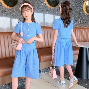 Çocuk Kız Giyim Seti 2021 Yaz Moda Kısa Kollu Ceket Üst + Pantolon Rahat Ekose 2 Adet Set Mavi Kıyafetler Genç Kız Elbise