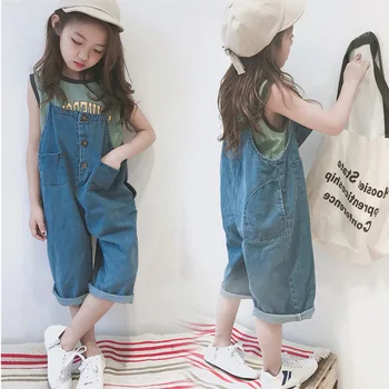 Çocuk yaz yeni kızlar Kore tarzı çift taraflı önlük pantolon büyük çocuk düz renk kot geniş bacak pantolon