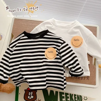 Çocuk Çizgili Dip Gömlek 0-4 Yıl Sonbahar Erkek Kız Kore T-shirt Çocuk Bebek Yenidoğan Temel Üstleri pamuklu Yürümeye Başlayan giysi