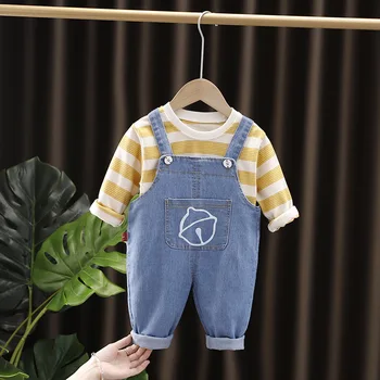 Çocuklar Tasarımcı 2T Erkek Giysileri Moda Çizgili Uzun Kollu tişört Üstleri + Tulum Kız İki Parçalı Bebek Giyim Eşofman