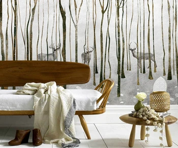Özel 3d duvar kağıdı. Retro minimalist zemin boyalı geyik orman ağacı duvar, oturma odası TV sof duvar çocuk odası papel de parede