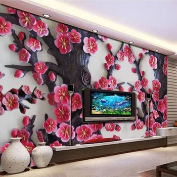 Özel Duvar Kağıdı Çin Tarzı 3D Kabartmalı Releif Erik Çiçeği Çiçek Duvar Oturma Odası TV Kanepe Yatak Odası Papel De Parede 3D