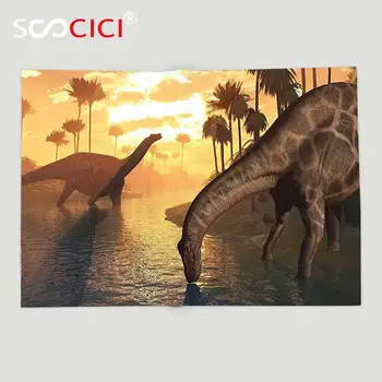 Özel Yumuşak Polar Şal Battaniye Jurassic Dekor Koleksiyonu Iki Dicraeosaurus Dinozorlar bir Prehistorik Sunrise Peyzaj