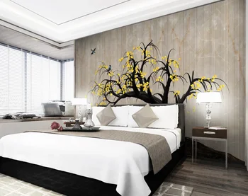 Özel high-end duvar kağıdı ginkgo ağacı el-boyalı çiçekler ve kuşlar elk yeni Çin tarzı arka plan duvar