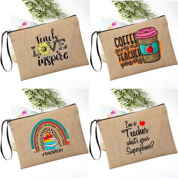 Öğretmen Aşk Inspire Baskı Keten Bileklik el çantası Okul Kalem Çantaları Seyahat Tuvalet Organizatör Makyaj Çantası En Iyi Öğretmen Hediyeler