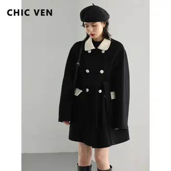 ŞIK VEN Siyah Katı Vintage Yaka Orta Uzunlukta karşı Karşıya Yün Kat Uzun Çift Kol Palto Sonbahar Kış 2022