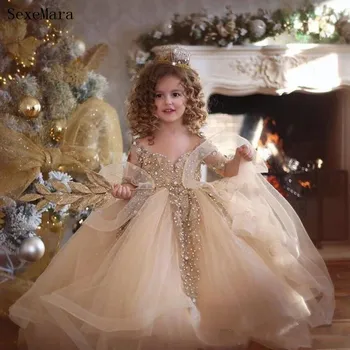 Şampanya Balo Çiçek Kız Elbise Uzun Kollu İnciler Dantel Aplikler Prenses Kabarık Çocuk Pageant Doğum Günü Törenlerinde