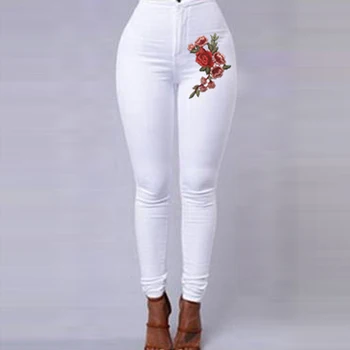 Şeker Renk Çiçekler Nakış Skinny Jeans Kadın Beyaz Mavi Yüksek Bel Render Kot Pantolon Rahat kalem pantolon Denim Kot