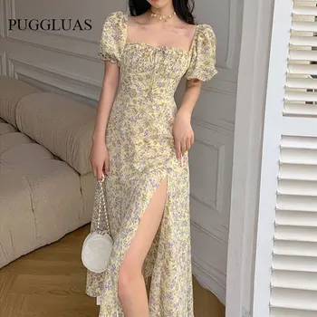Şifon Çiçek Baskı Puf Kollu Kravat Ön Yüksek Bölünmüş Elbise Kadın Dantelli İpli Parti Tatil uzun elbise Vestidos Sundress