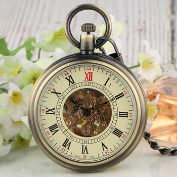 Bronz Otomatik Mekanik cep saatleri Vintage Şeffaf İskelet Açık Yüz Roma Numaraları Fob Zinciri Antika Saat Saatleri