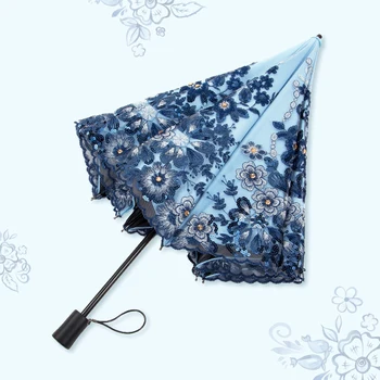 Zarif Mini Şemsiye Yağmur Kadınlar Çift katlanır şemsiyeler UV Geçirmez Güneşlik Şemsiye Dantel Prenses Nakış düğün şemsiyesi